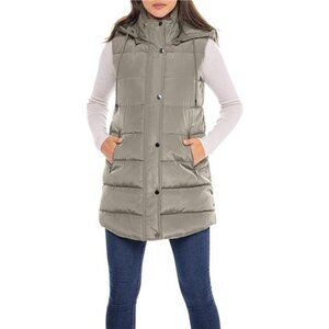 Women's Long Puffer Vest Quilted Faux Down Filled Hooded Vest, Tan